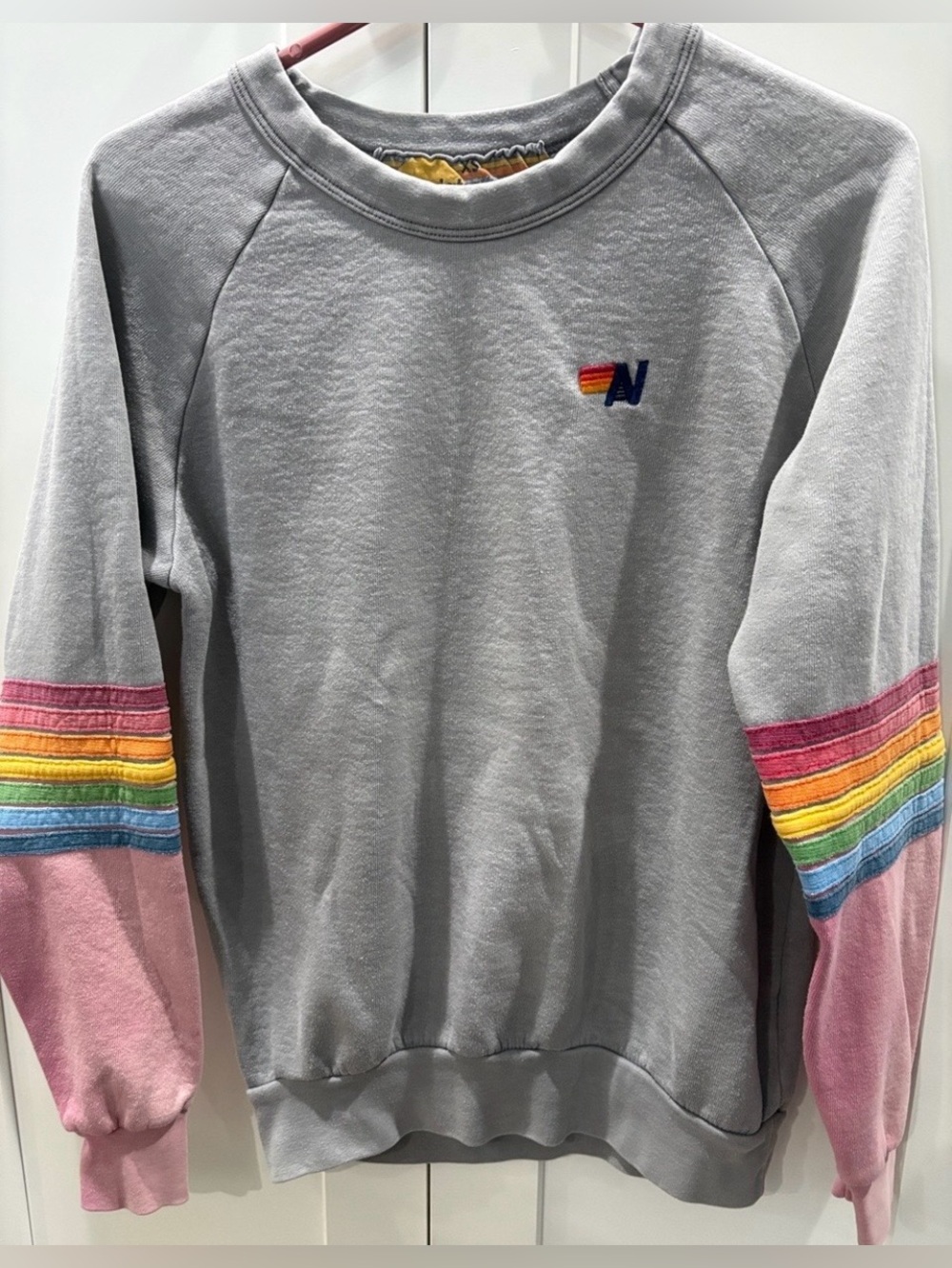 Aviator Nation XS Grey Sweatshirt with Rainbow Stripe Sleeves